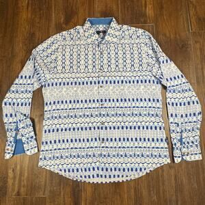 Stone Rose SMALL blue white Geometric Button Up COTTON Long Sleeve